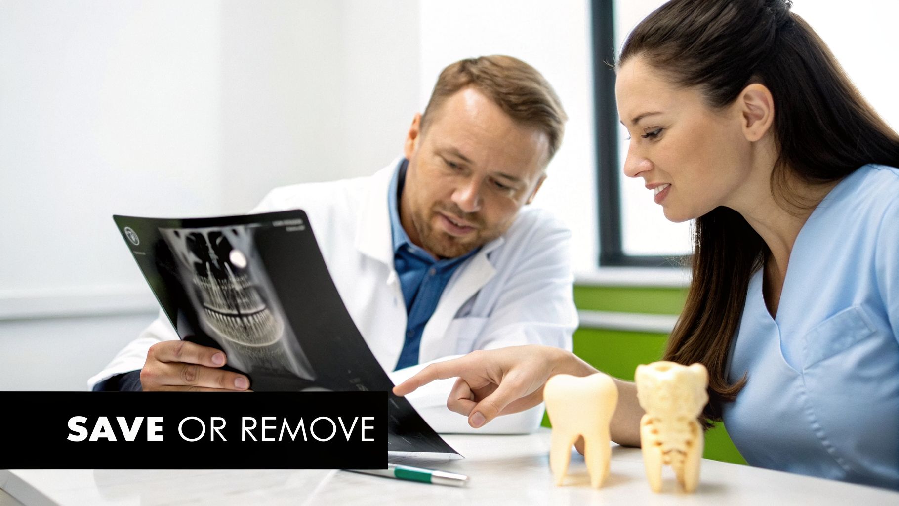 Two dental professionals discuss a patient's X-ray results and dental treatment options.