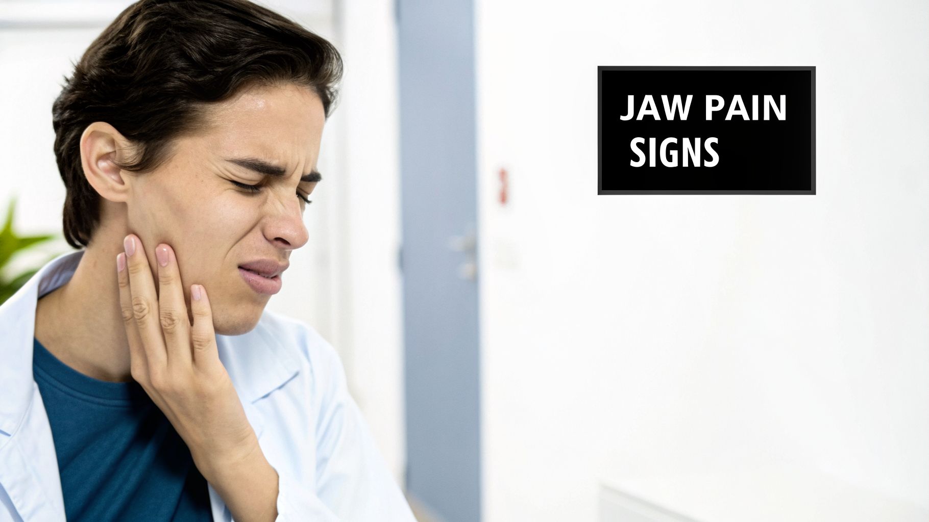 A young person grimacing in pain, holding their jaw, with a sign reading 'JAW PAIN SIGNS' in the background.
