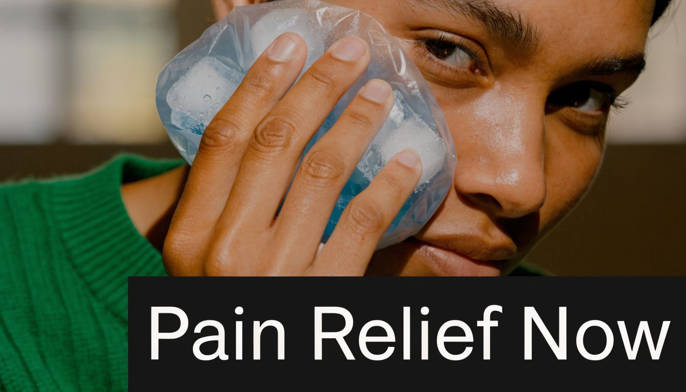 A person holding a cold ice pack against their cheek, likely seeking relief from tooth or jaw pain.