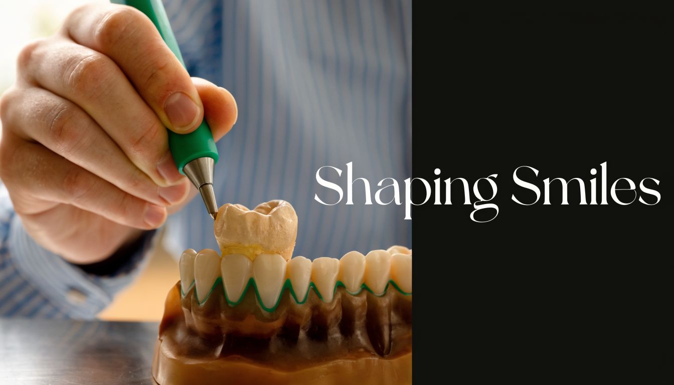 A dental professional carefully working on a detailed model of teeth with a specialized sculpting tool.