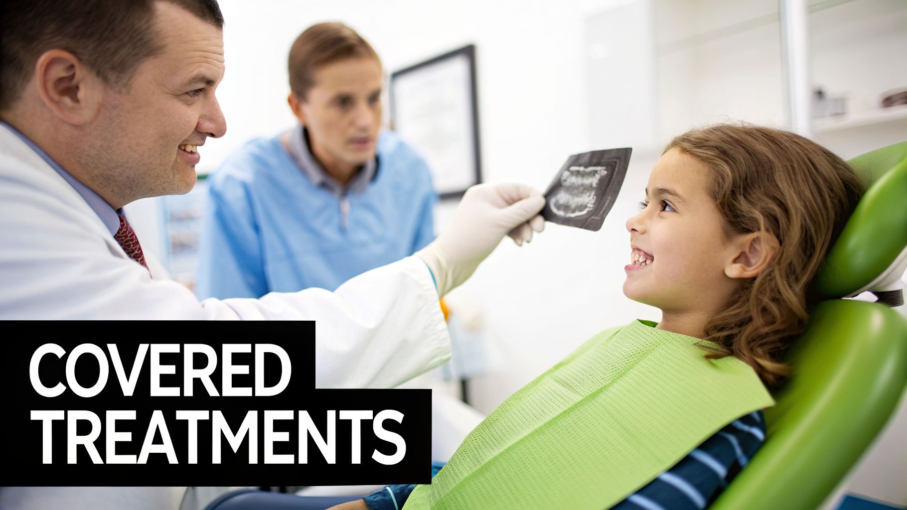 A smiling dentist shows a young girl an X-ray in a green dental chair, with an assistant nearby.