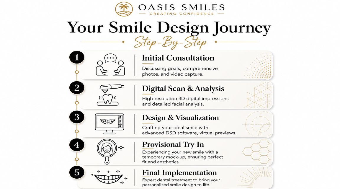 A five-step guide infographic detailing the professional digital smile design process from consultation to final implementation.