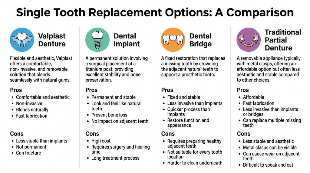 A comparison chart outlining the pros and cons of four different single tooth replacement options for dentistry.
