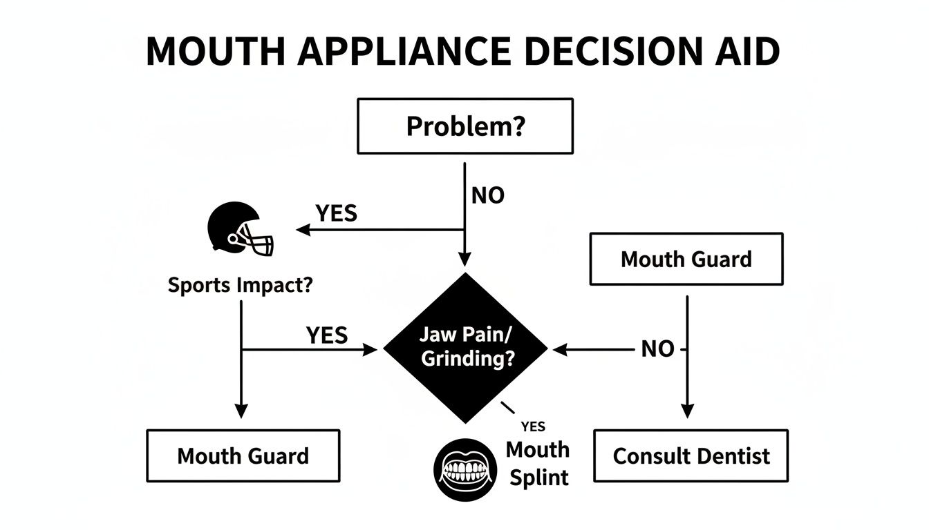 A decision aid flowchart to determine the appropriate mouth appliance: mouth guard or mouth splint.