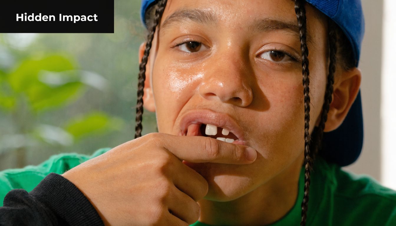 A young person pointing to a missing front tooth, highlighting dental health and oral care concerns.