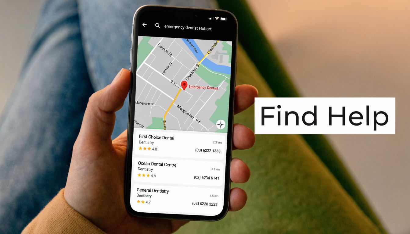 A hand holding a smartphone showing search results for an emergency dentist in Hobart on a map.
