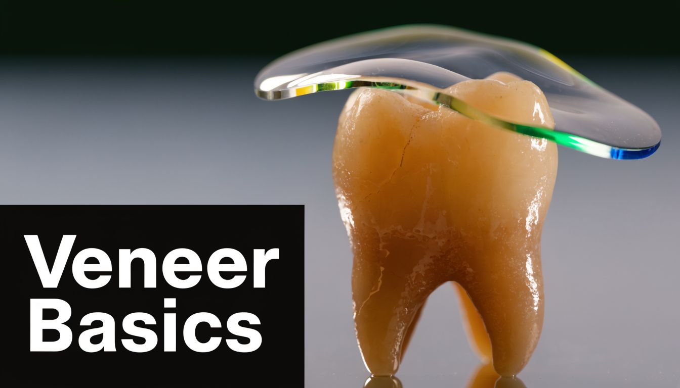 A conceptual image showing a translucent veneer model hovering above a natural human tooth for dental education.