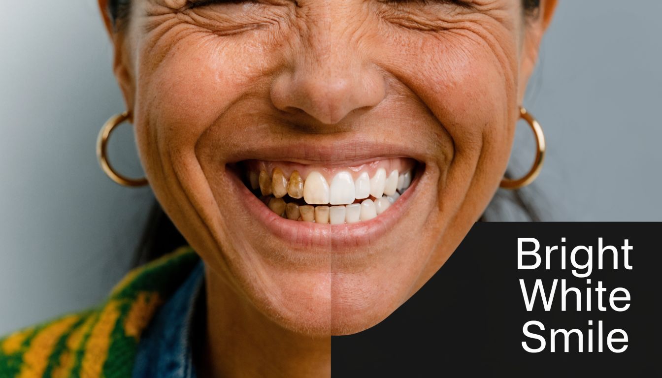 A close-up of a person's smile showing the difference between stained teeth and bright white teeth.