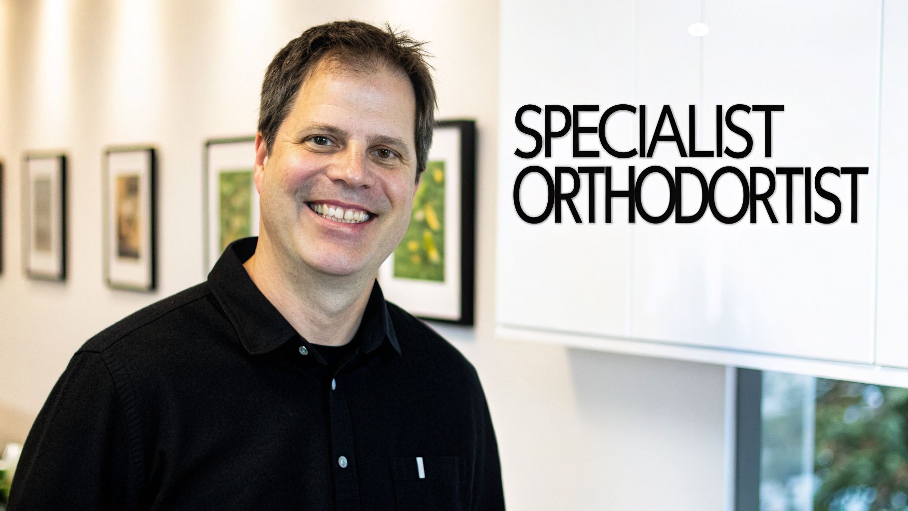 A smiling man, Paul Healy, a specialist orthodontist, in a black shirt, in his office.