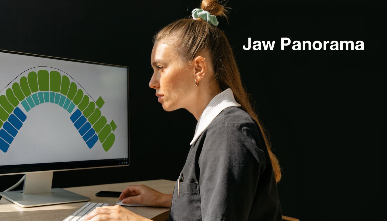 A professional dentist examining a digital jaw panorama dental X-ray on a computer screen in her office.