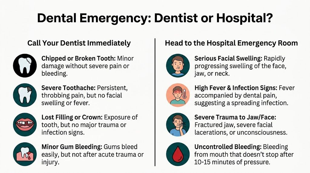 A guide infographic comparing when to see a dentist versus going to the hospital for dental emergencies.