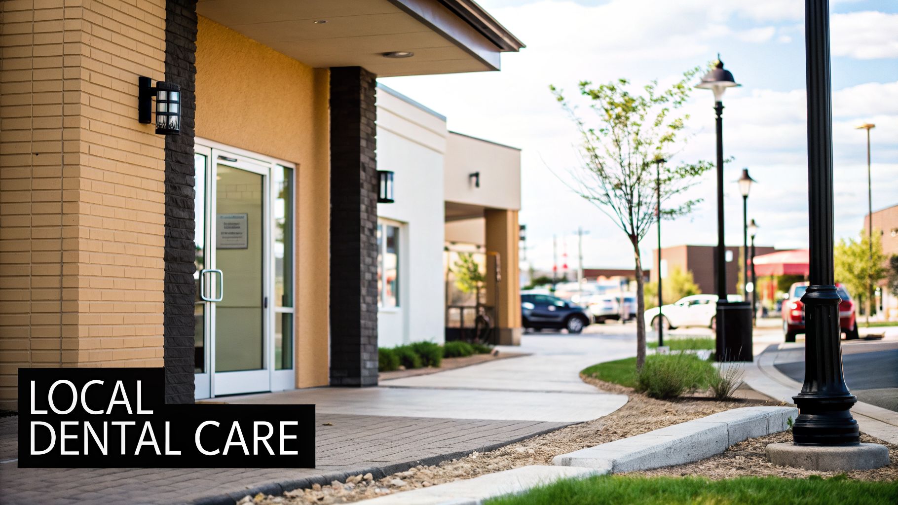 Exterior view of a modern building entrance with a 'Local Dental Care' sign, sidewalk, and streetlights.