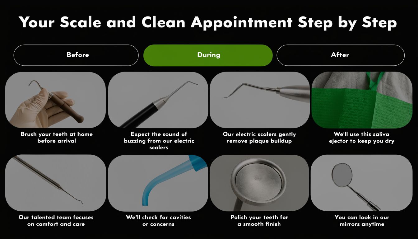 An infographic showing the steps of a professional dental scale and clean appointment for patients.
