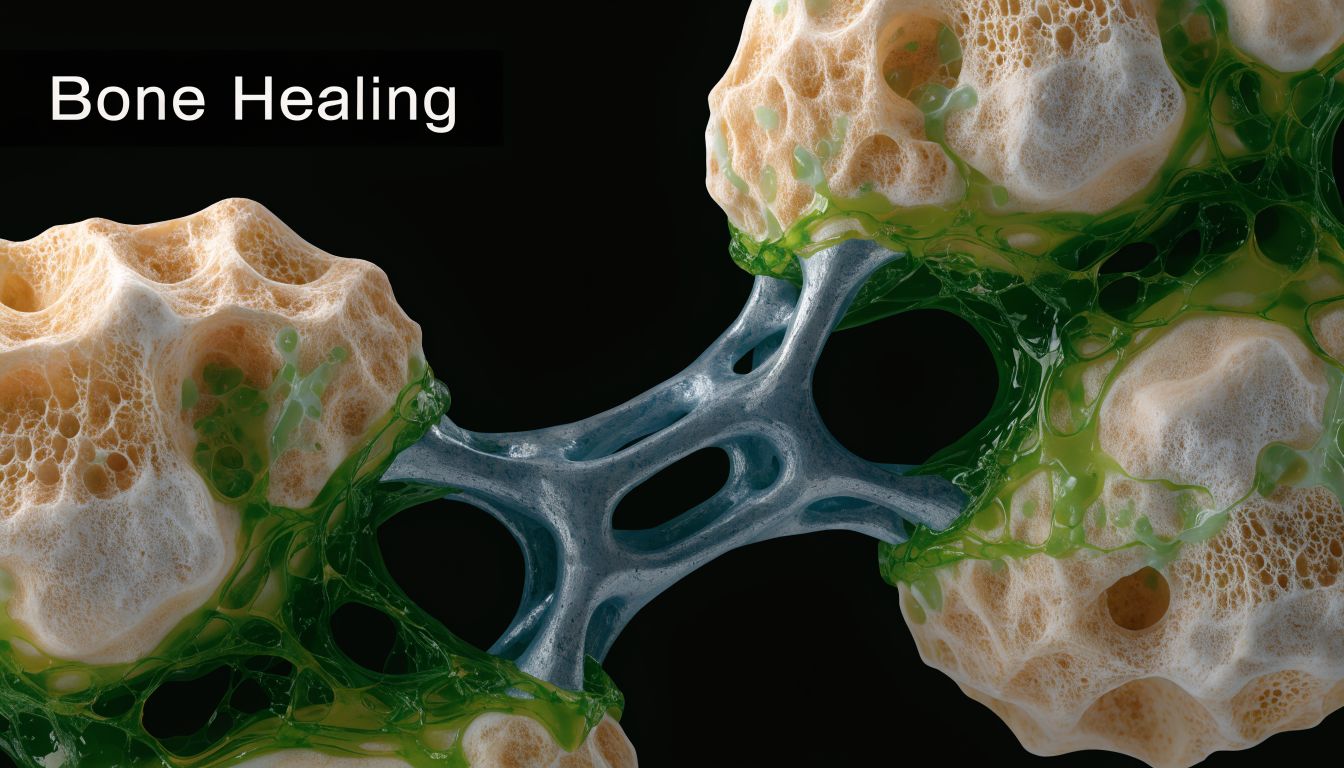 A microscopic 3D render showing bone regeneration with a blue structural bridge connecting two porous bone structures.