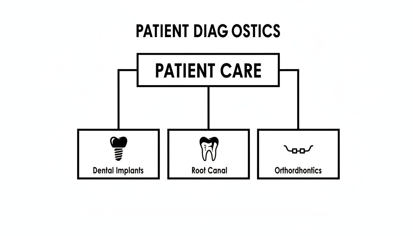 A flowchart showing 'PATIENT DIAG OSTICS' and 'PATIENT CARE' leading to 'Dental Implants', 'Root Canal', and 'Orthordhontics'.
