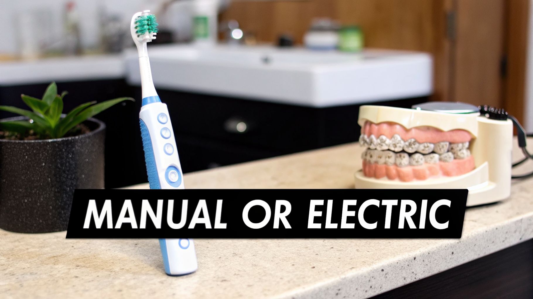 An electric toothbrush and a dental model with braces on a bathroom counter, asking 'Manual or Electric?'