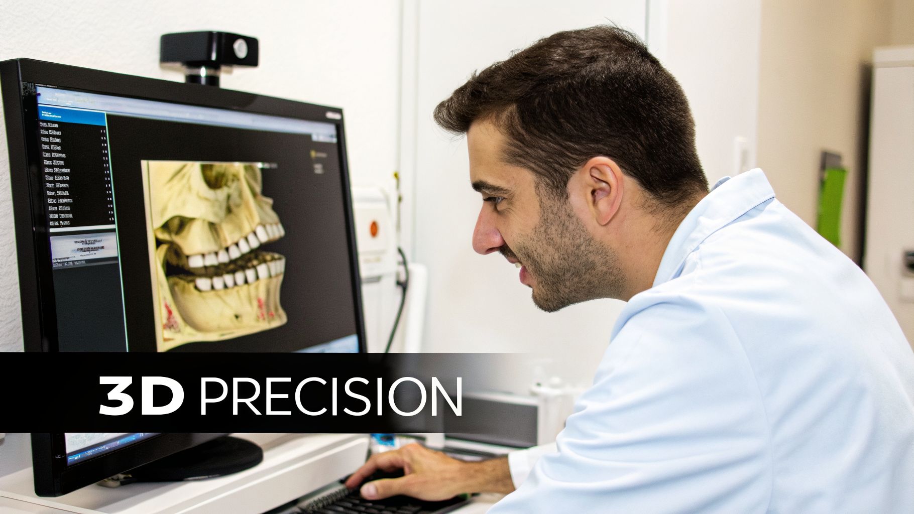 A male dentist in a lab coat examines a 3D dental skull scan on a computer, emphasizing precision.