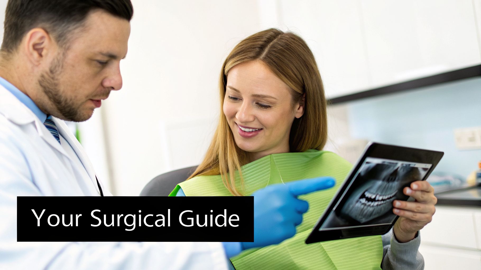 Dentist and smiling patient reviewing a dental X-ray on a tablet, discussing treatment options.