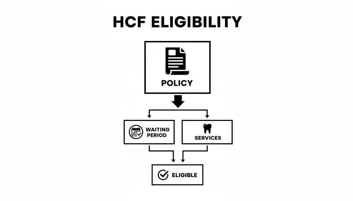 Flowchart detailing HCF eligibility requirements, starting with policy, waiting period, and services.