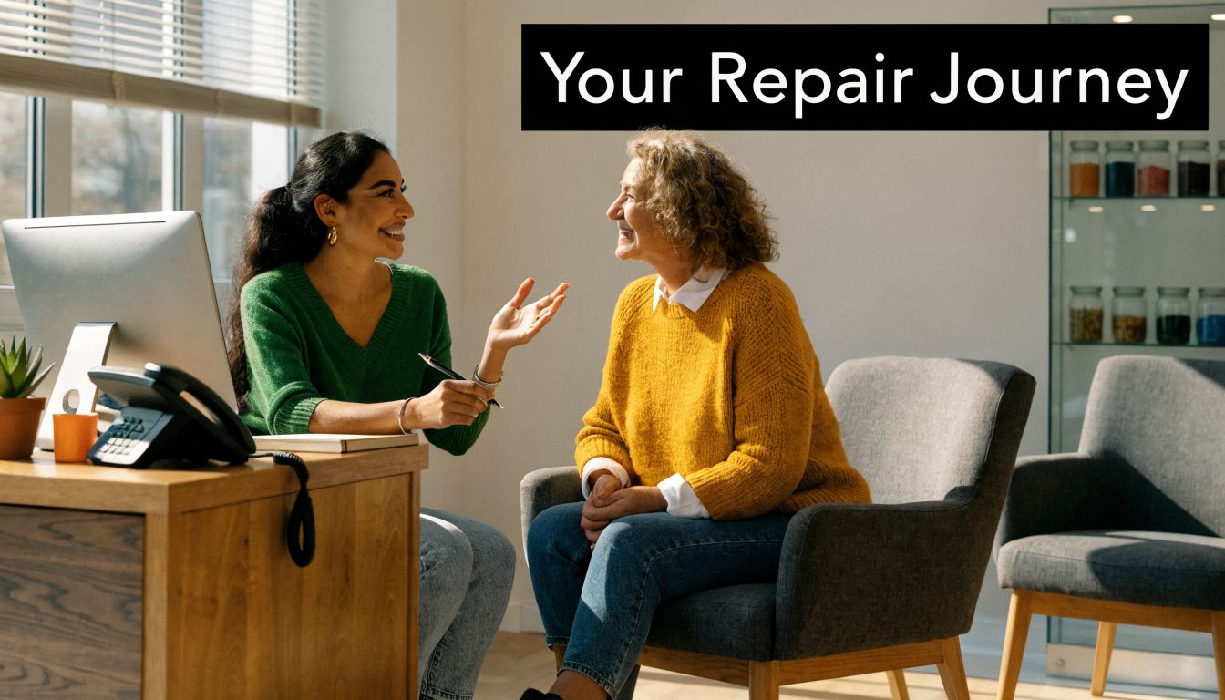 A friendly professional woman discusses a dental partial repair plan with a smiling senior patient in office.