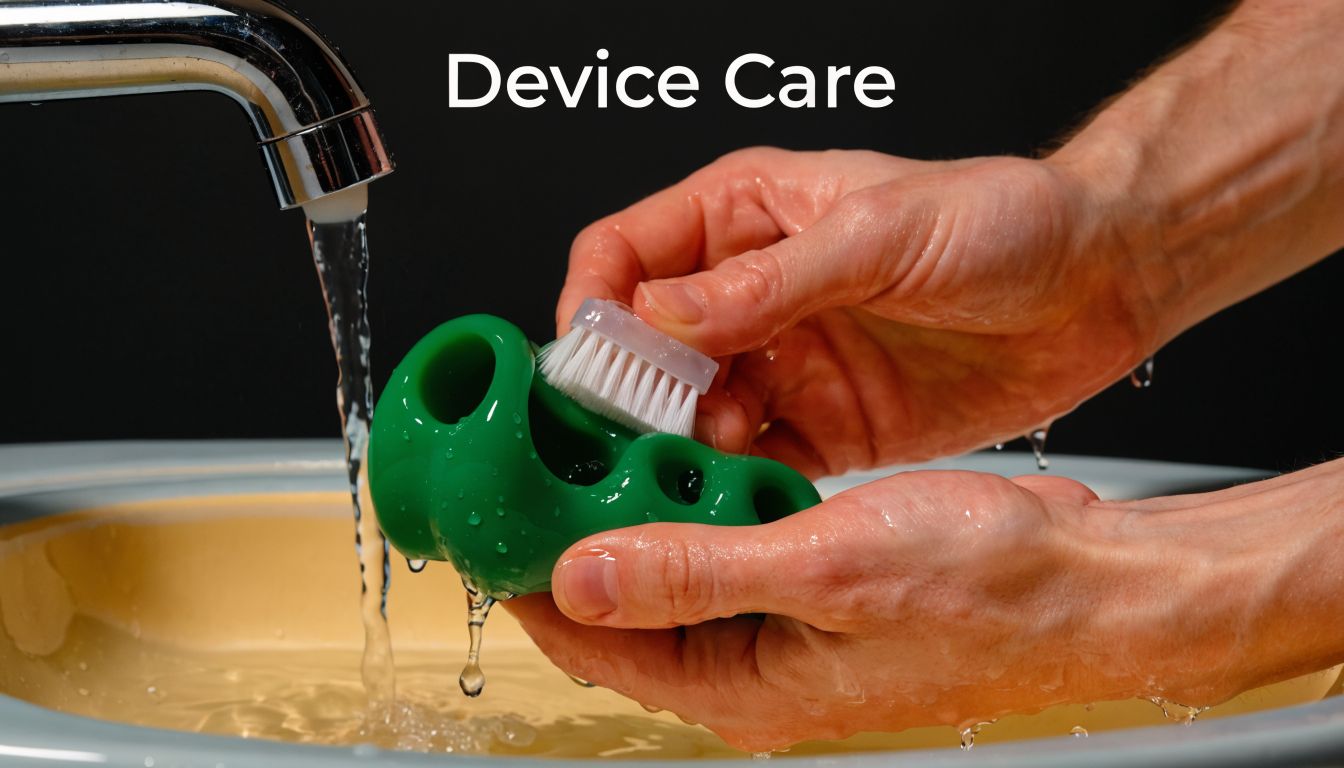 A pair of hands cleaning a green mandibular advancement device for sleep apnea under running tap water.