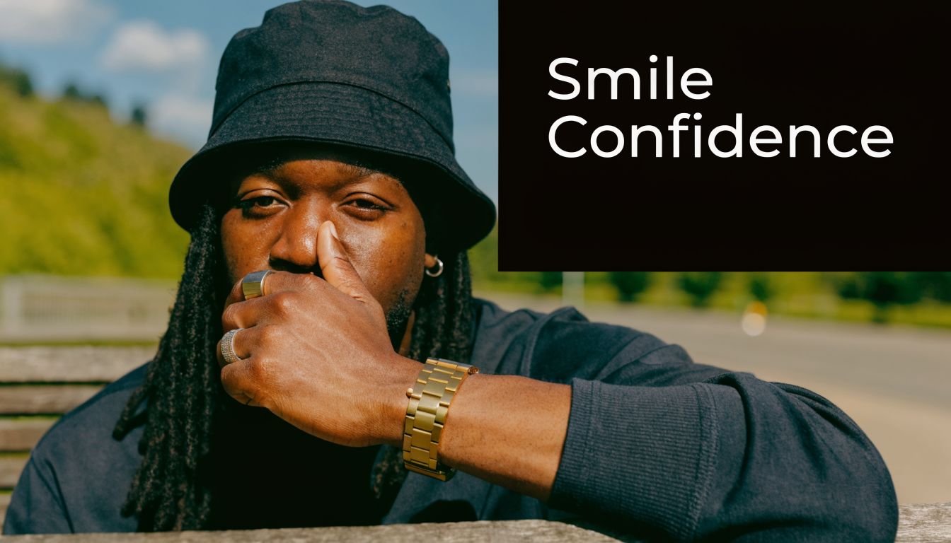 A stylish young Black man wearing a bucket hat and gold jewelry, thoughtfully touching his face.