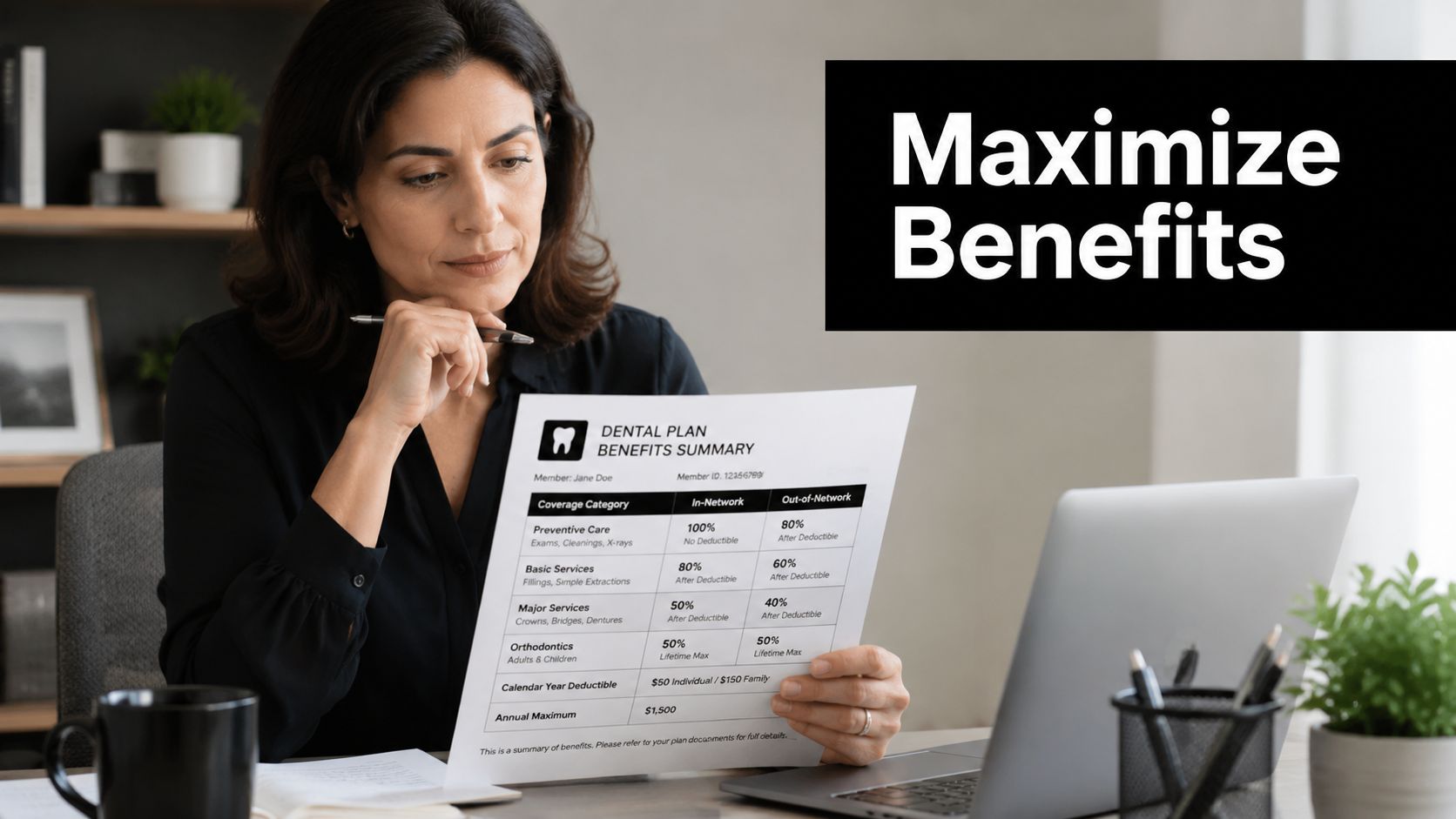 A woman reviewing her dental insurance benefits summary document while sitting at a desk with a laptop.