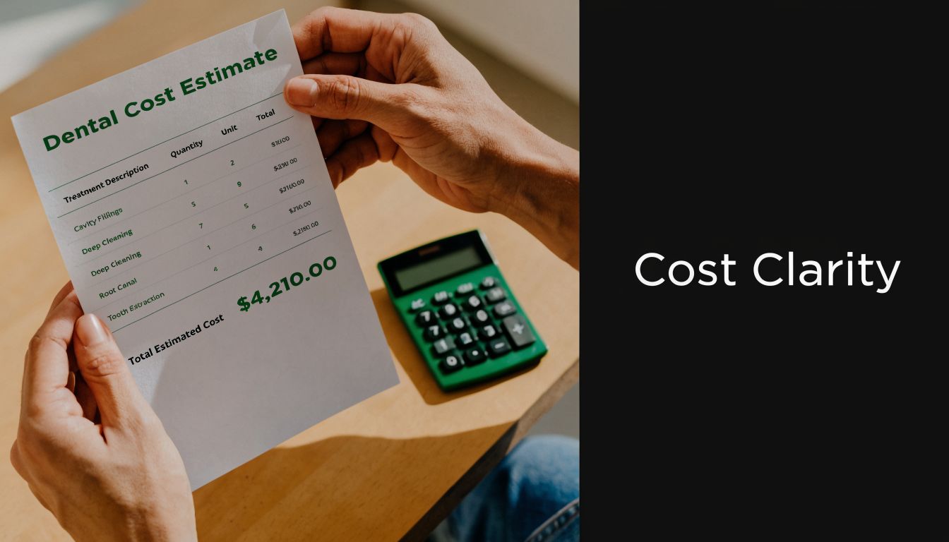 A person holding a dental cost estimate document with a calculator nearby on a table.