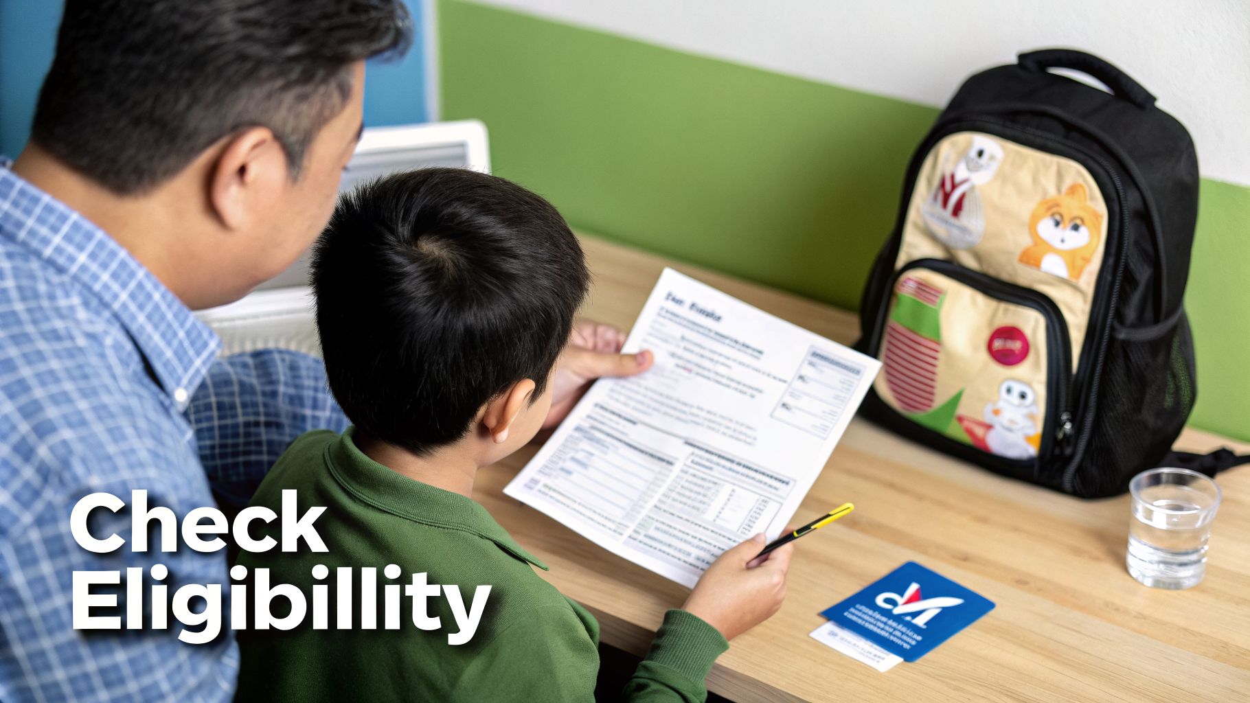 A father and child review eligibility documents, with a backpack and health card nearby.
