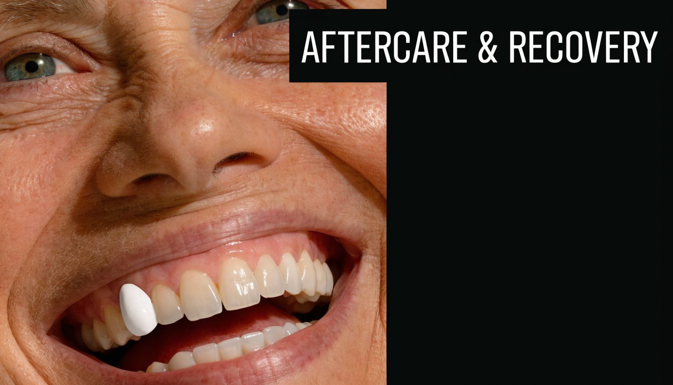 A close up view of a person smiling, highlighting a single bright white dental crown on a tooth.