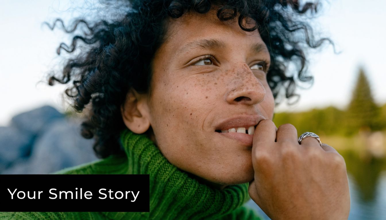 A close-up of a smiling person with curly hair wearing a green sweater and a silver ring