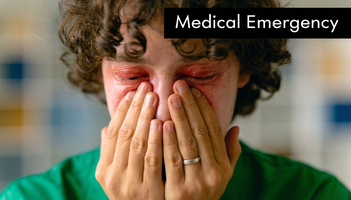 A person with severe eye irritation and facial redness, symbolizing a pressing medical emergency.