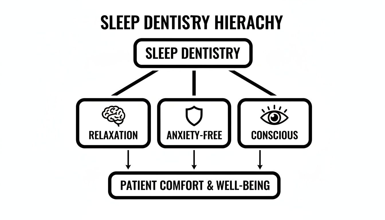 A hierarchy diagram explaining sleep dentistry's components: relaxation, anxiety-free, and conscious for patient well-being.