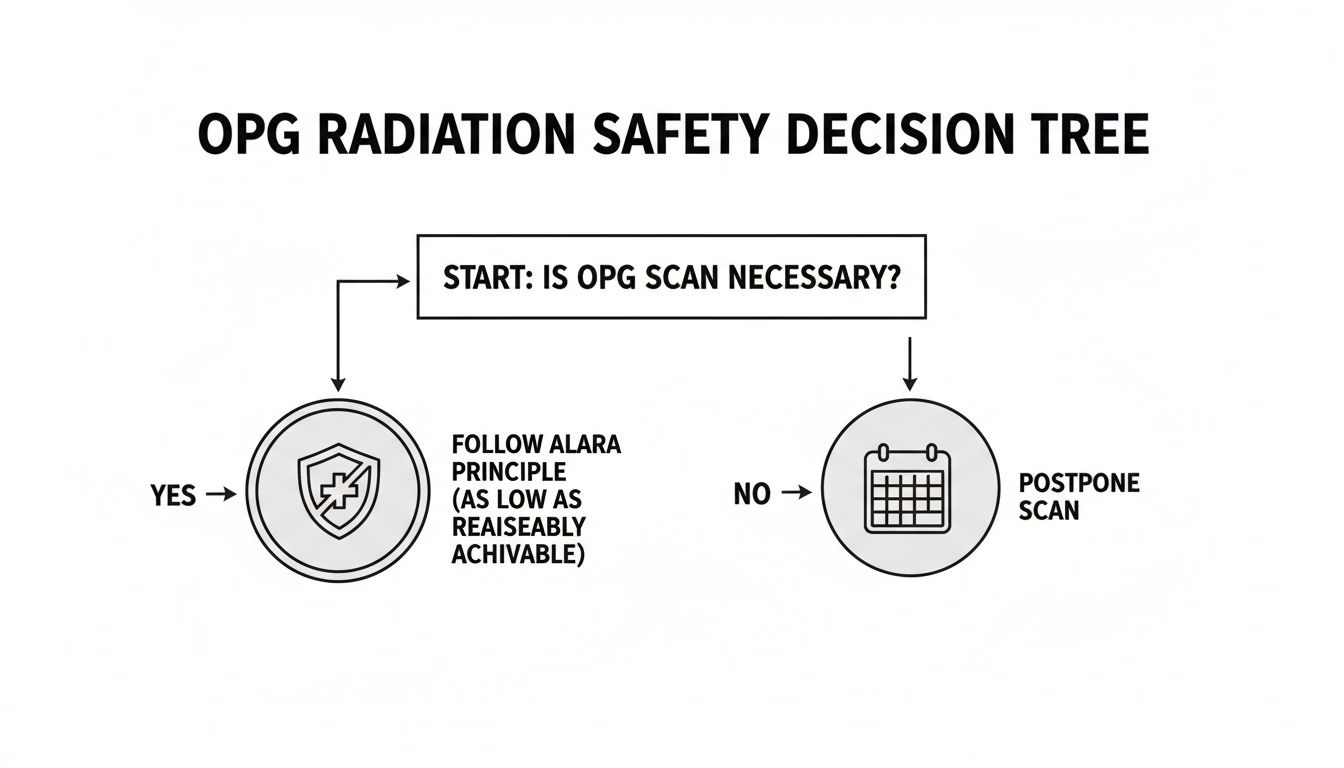 Decision tree for OPG radiation safety, outlining steps based on scan necessity and ALARA principle.