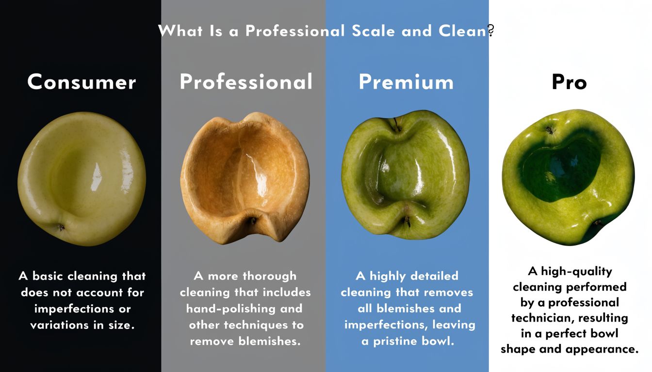 A comparative chart showing four levels of professional scale and clean services using bowl-shaped apple illustrations.