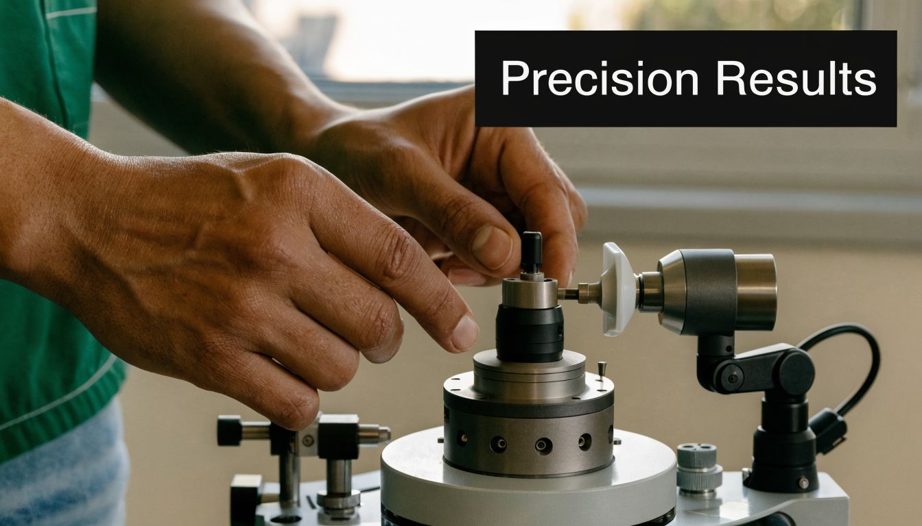 A technician carefully adjusting a precision measurement device for dental or industrial manufacturing quality control purposes.