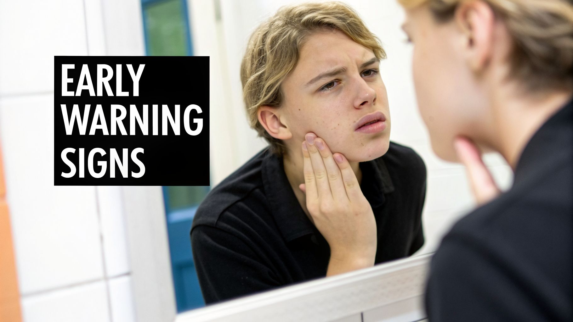 A young person looks intently at their face in a mirror, touching their cheek, with text "EARLY WARNING SIGNS".