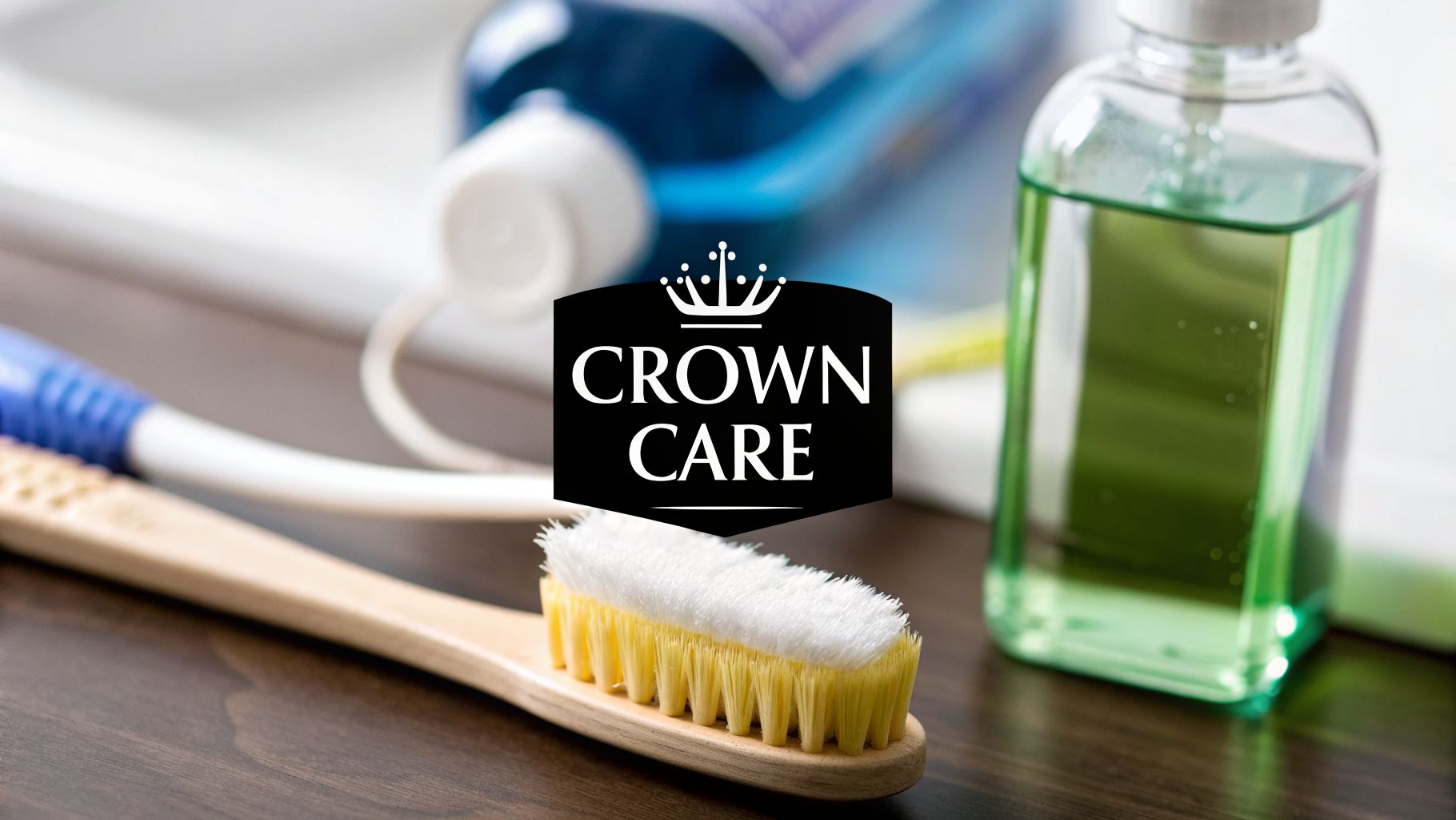 A wooden toothbrush with yellow and white bristles, green mouthwash, and a Crown Care logo.
