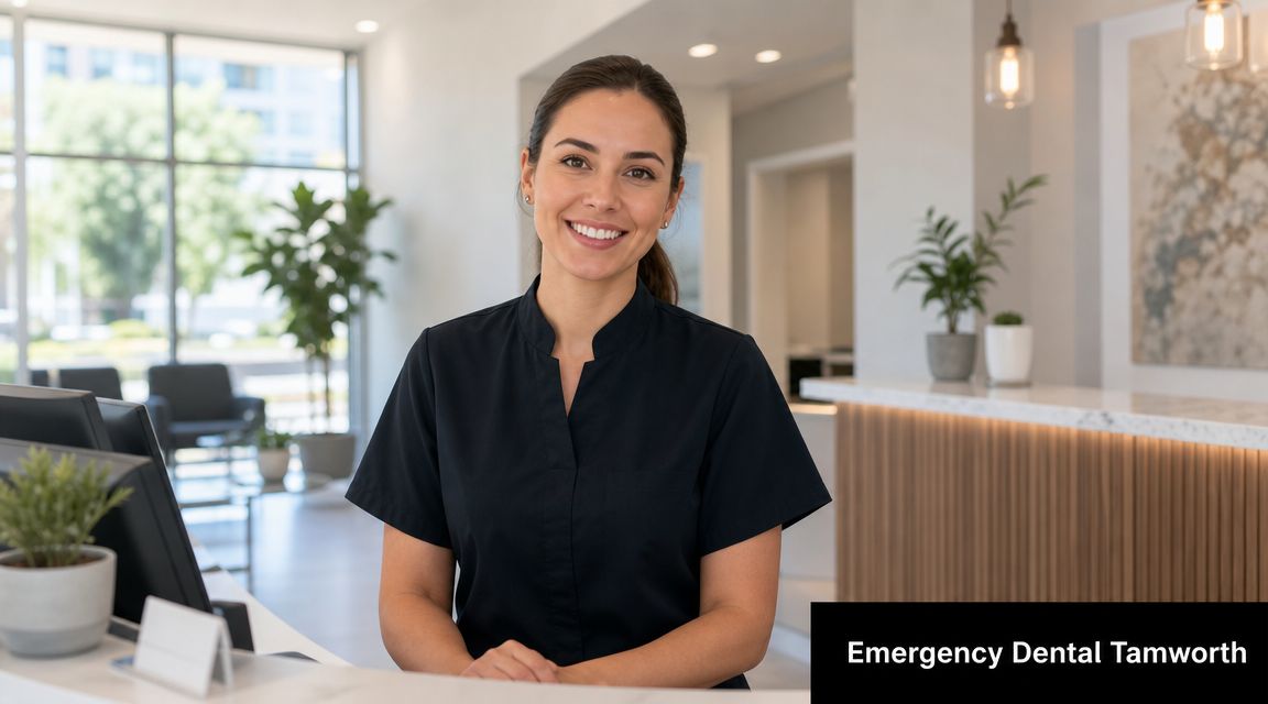 A friendly female receptionist smiling behind the front desk at a professional dental office clinic.