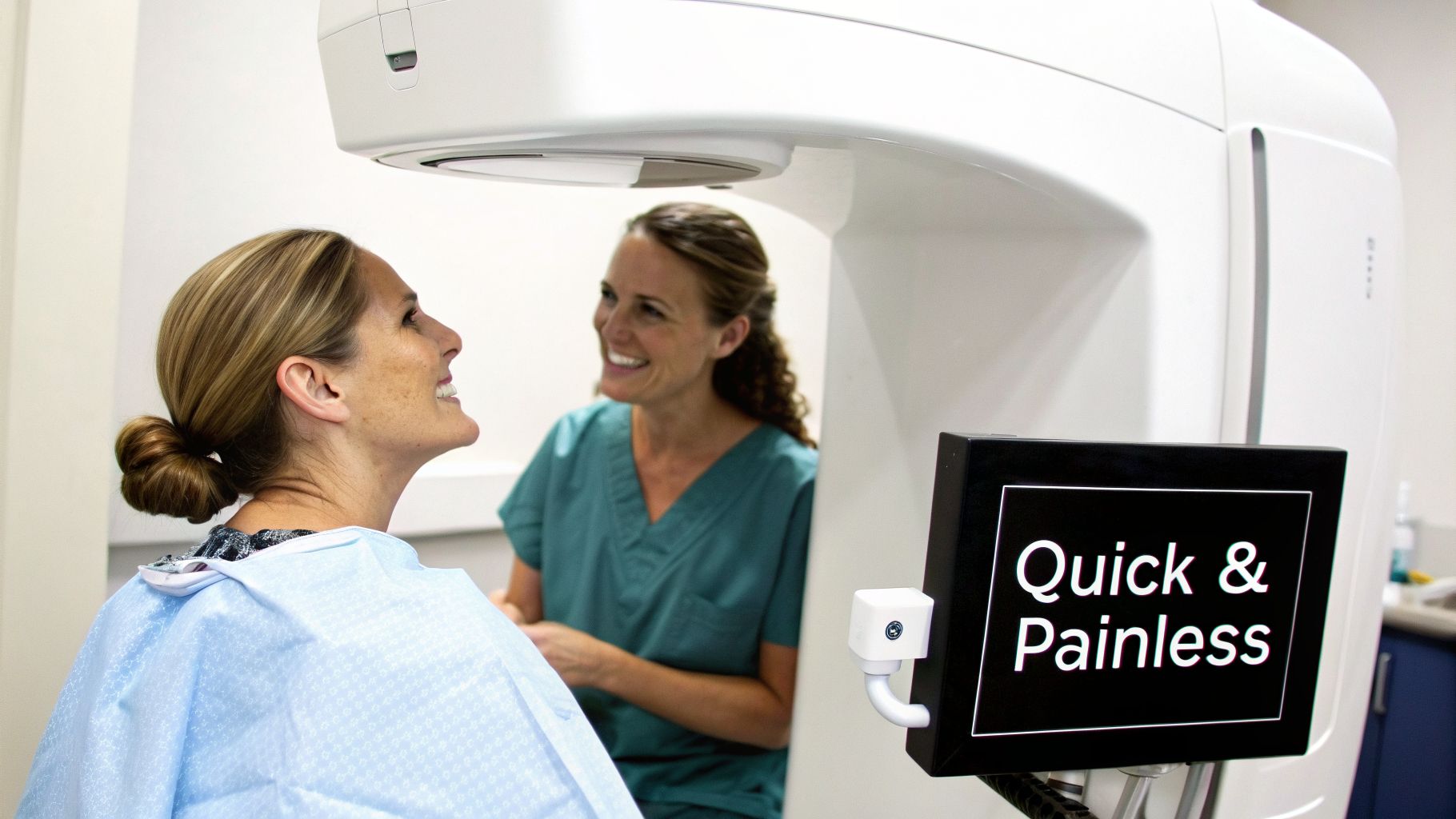 A smiling patient in a dental gown looks up at an X-ray machine, assisted by a friendly dental professional.