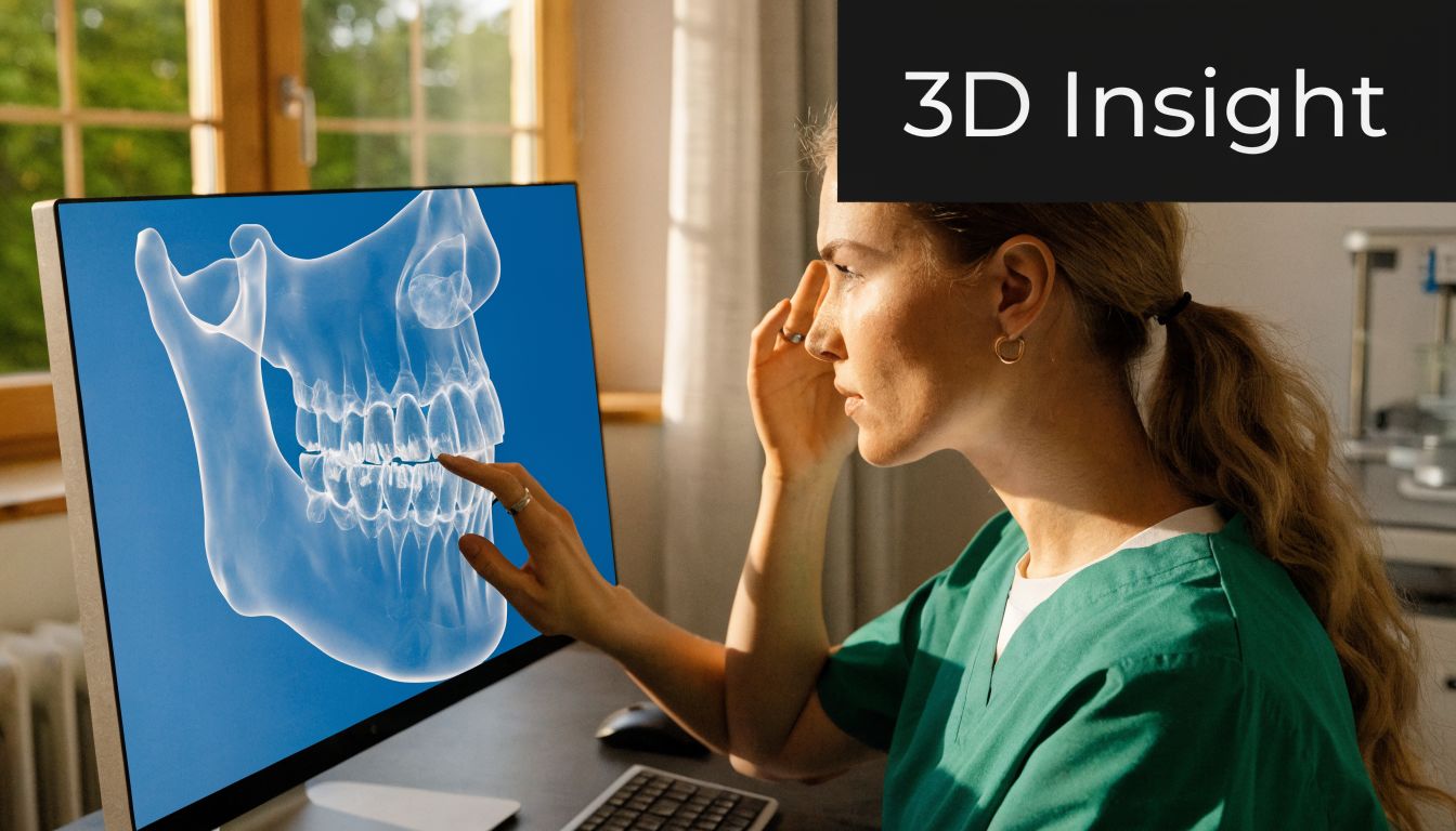 A female dental professional examining a digital 3D jaw and teeth scan on a computer monitor.