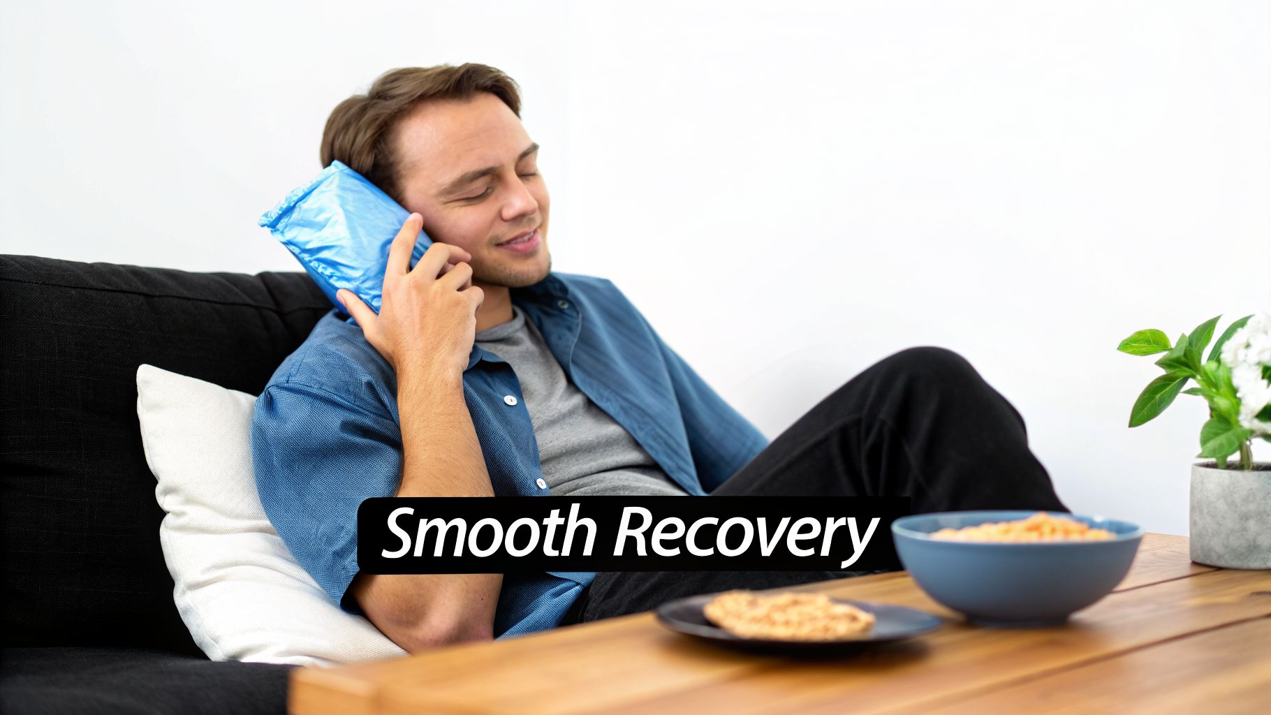 A man lies on a couch with an ice pack on his cheek, smiling, indicating a smooth recovery.
