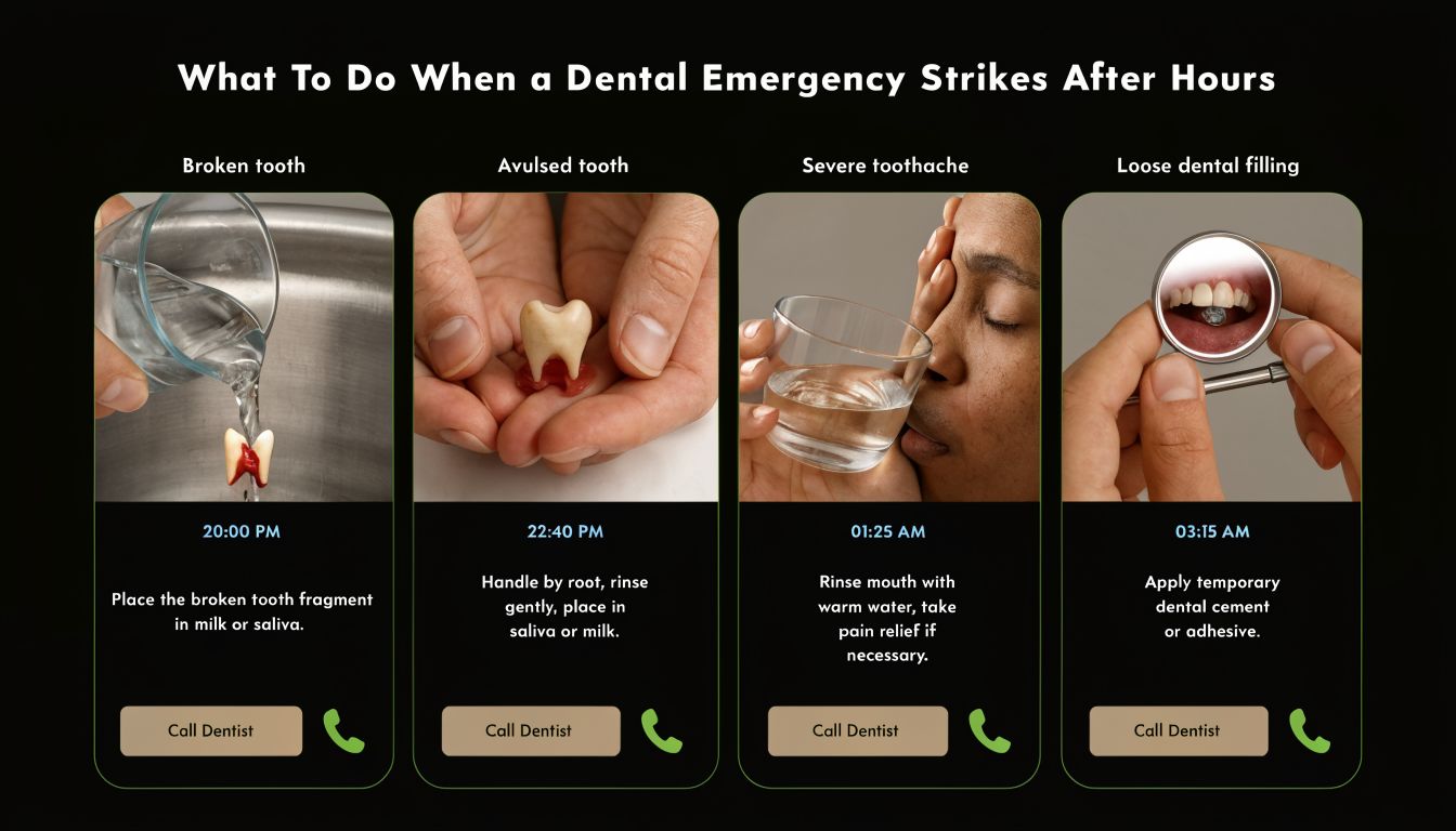 An infographic showing step-by-step instructions for managing common dental emergencies that occur after business hours.