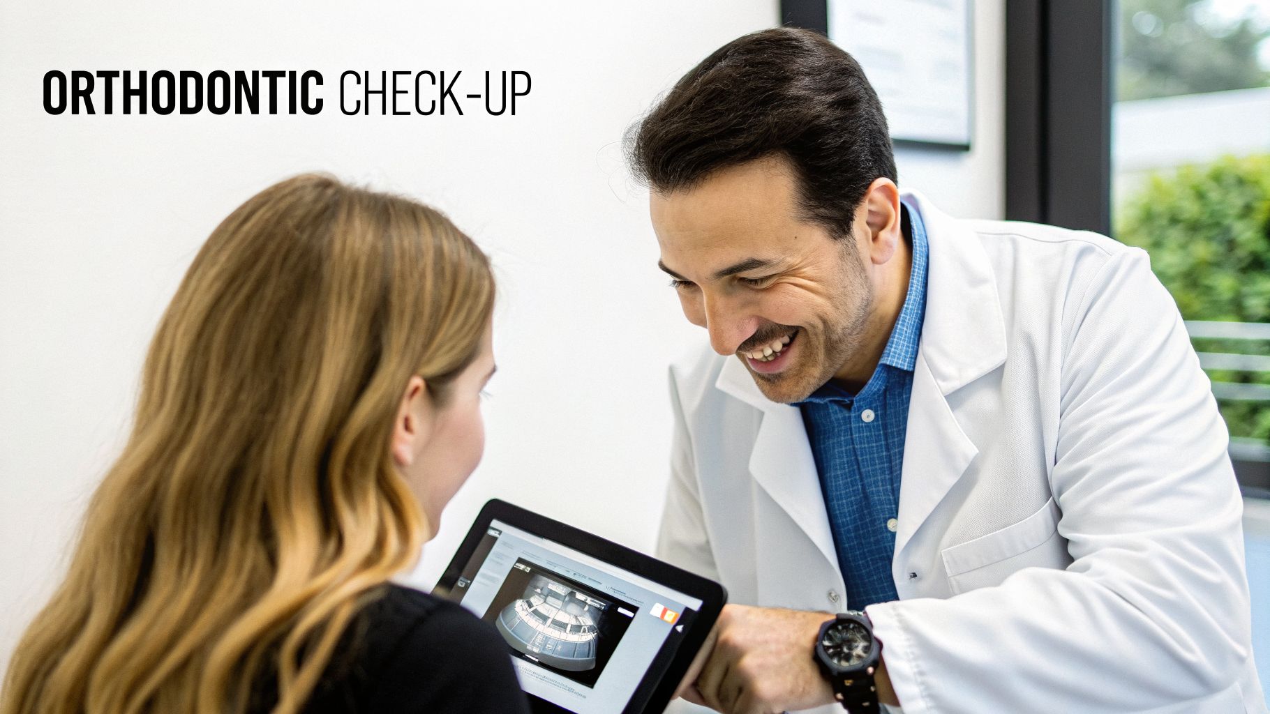 Orthodontist and patient reviewing a 3D dental scan on a tablet during a check-up.