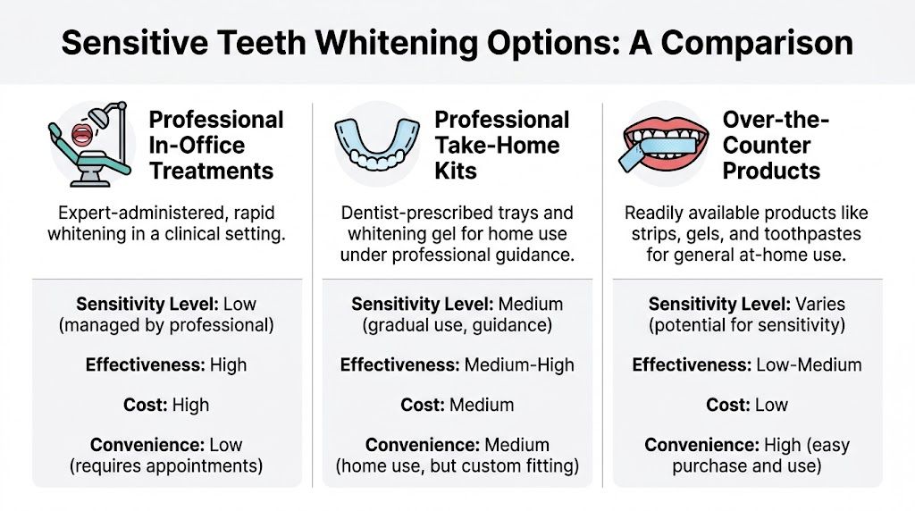 A comparison chart outlining the pros and cons of professional, take-home, and over-the-counter teeth whitening options.