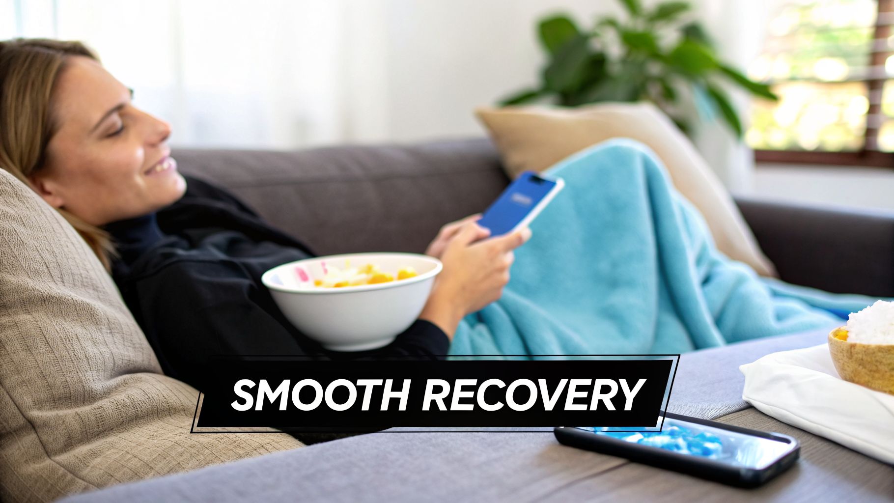 A smiling woman relaxing on a couch, covered in a blanket, holding a phone and bowl.