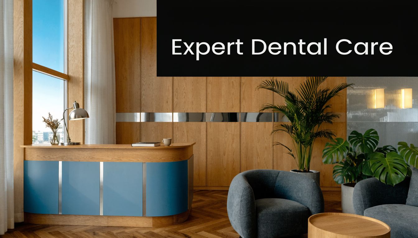 A modern, professional dental office reception area featuring wood paneling, a blue desk, and comfortable seating.