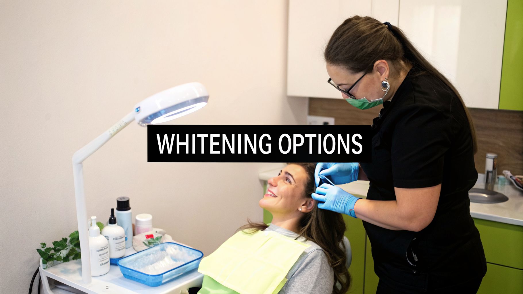 A dental professional performs a teeth whitening procedure on a smiling female patient in a clinic.