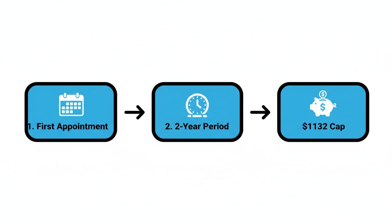 Flowchart showing three steps: First Appointment, 2-Year Period, and a $1132 financial cap.