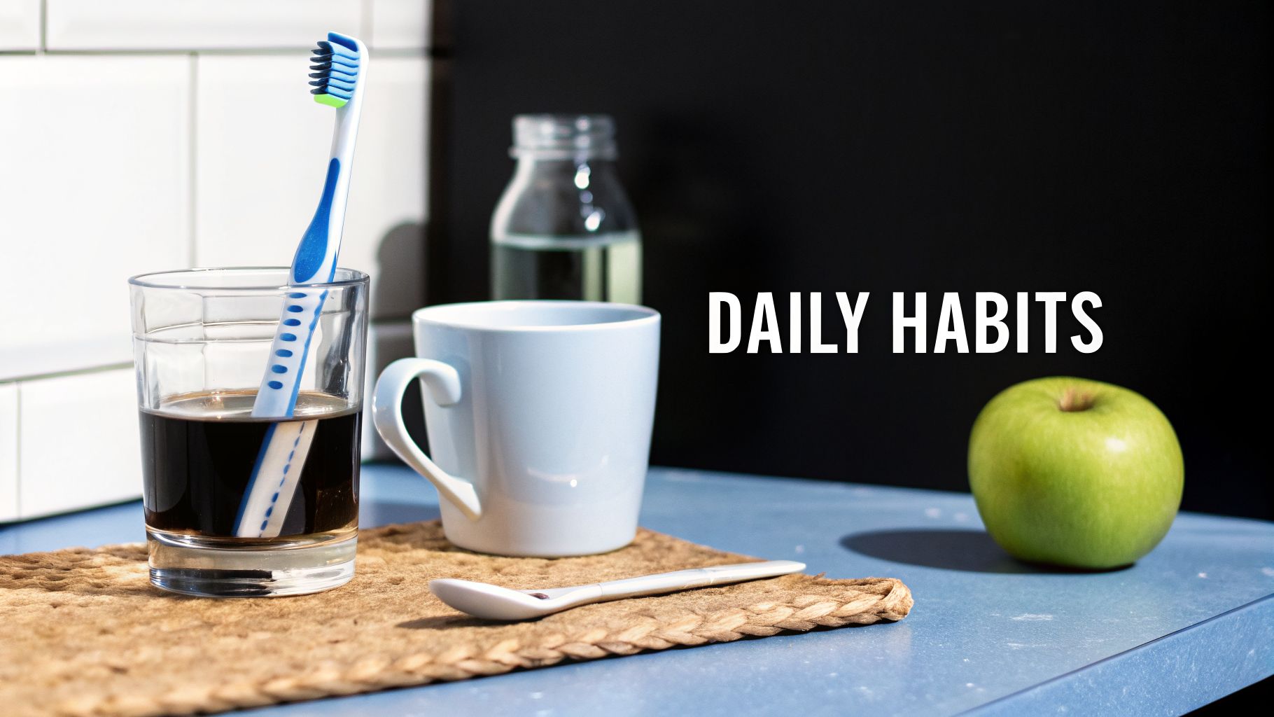 Healthy and unhealthy daily habits shown with a toothbrush, coffee, mug, and green apple.